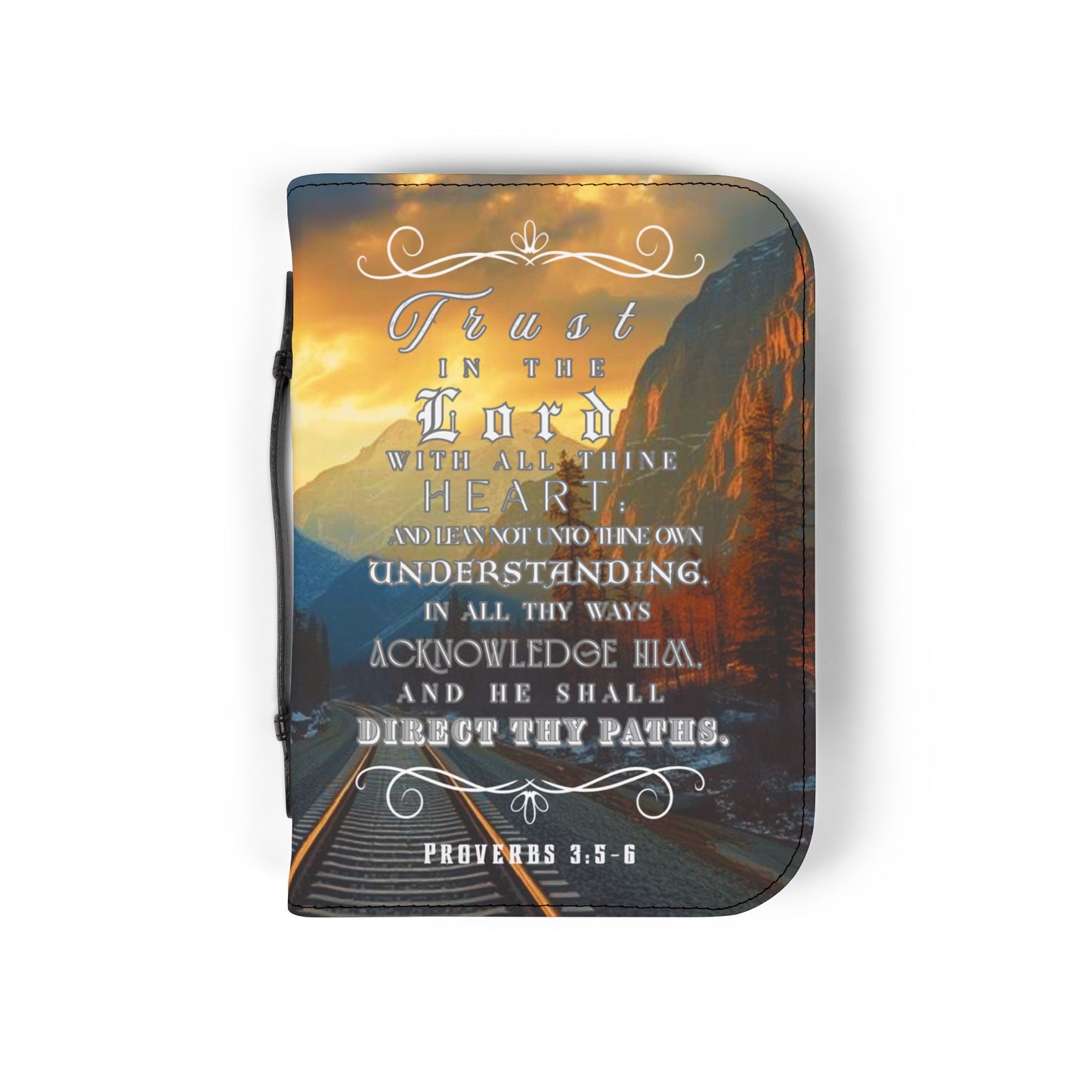 Bible Cover Case: 'Proverbs 3:5-6' Train Track Mountain Design