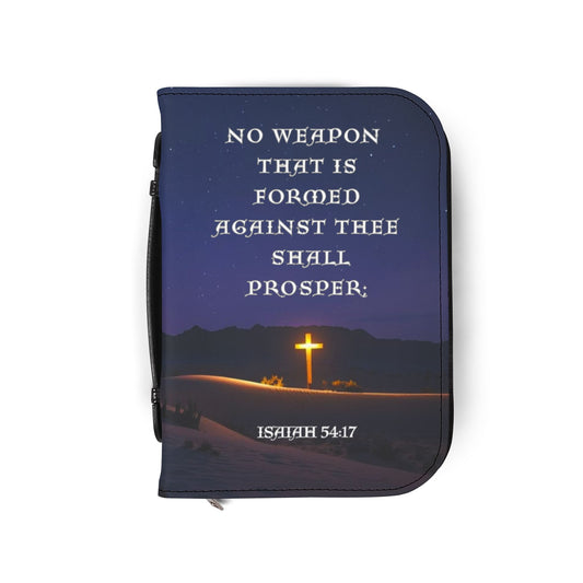 Bible Cover Case: 'Isaiah 54:17' Cross Night Sky Design