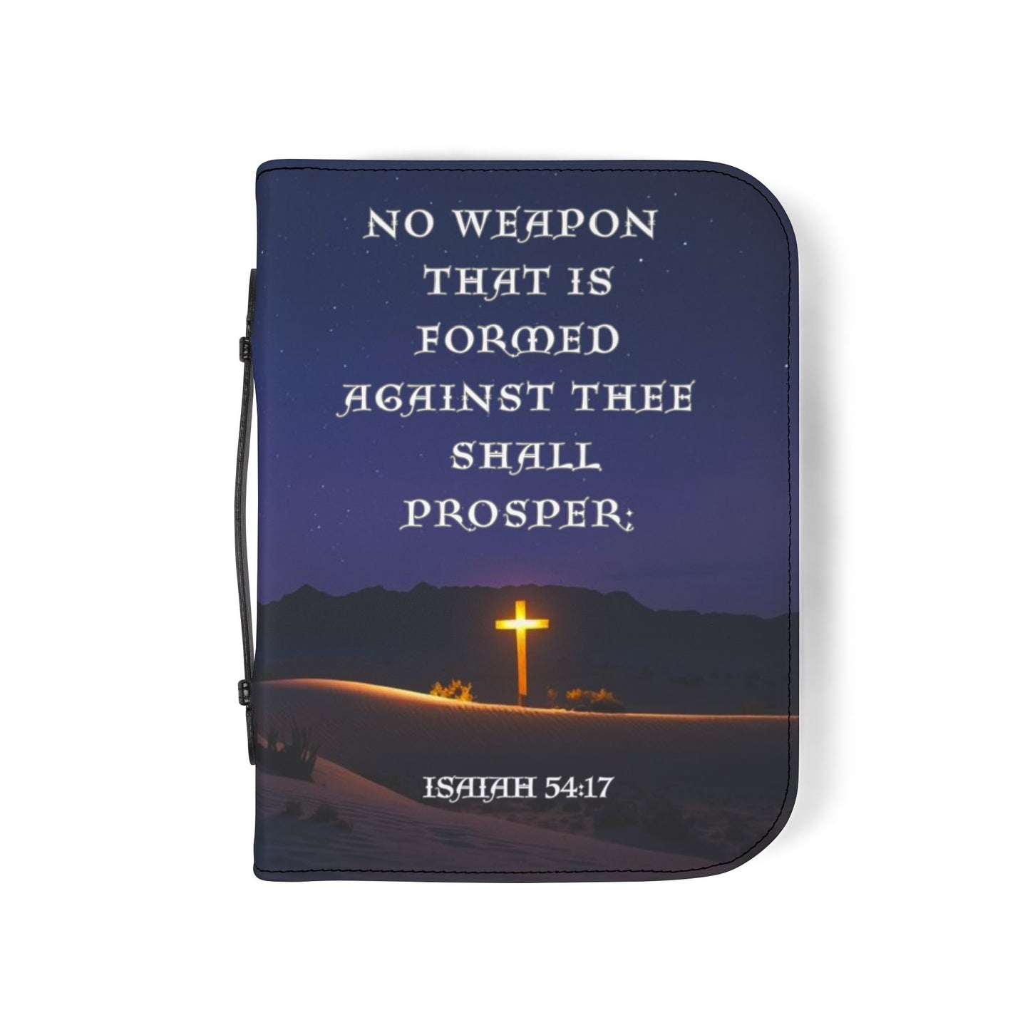 Bible Cover Case: 'Isaiah 54:17' Cross Night Sky Design