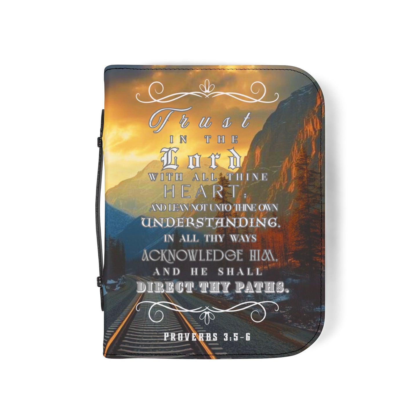 Bible Cover Case: 'Proverbs 3:5-6' Train Track Mountain Design